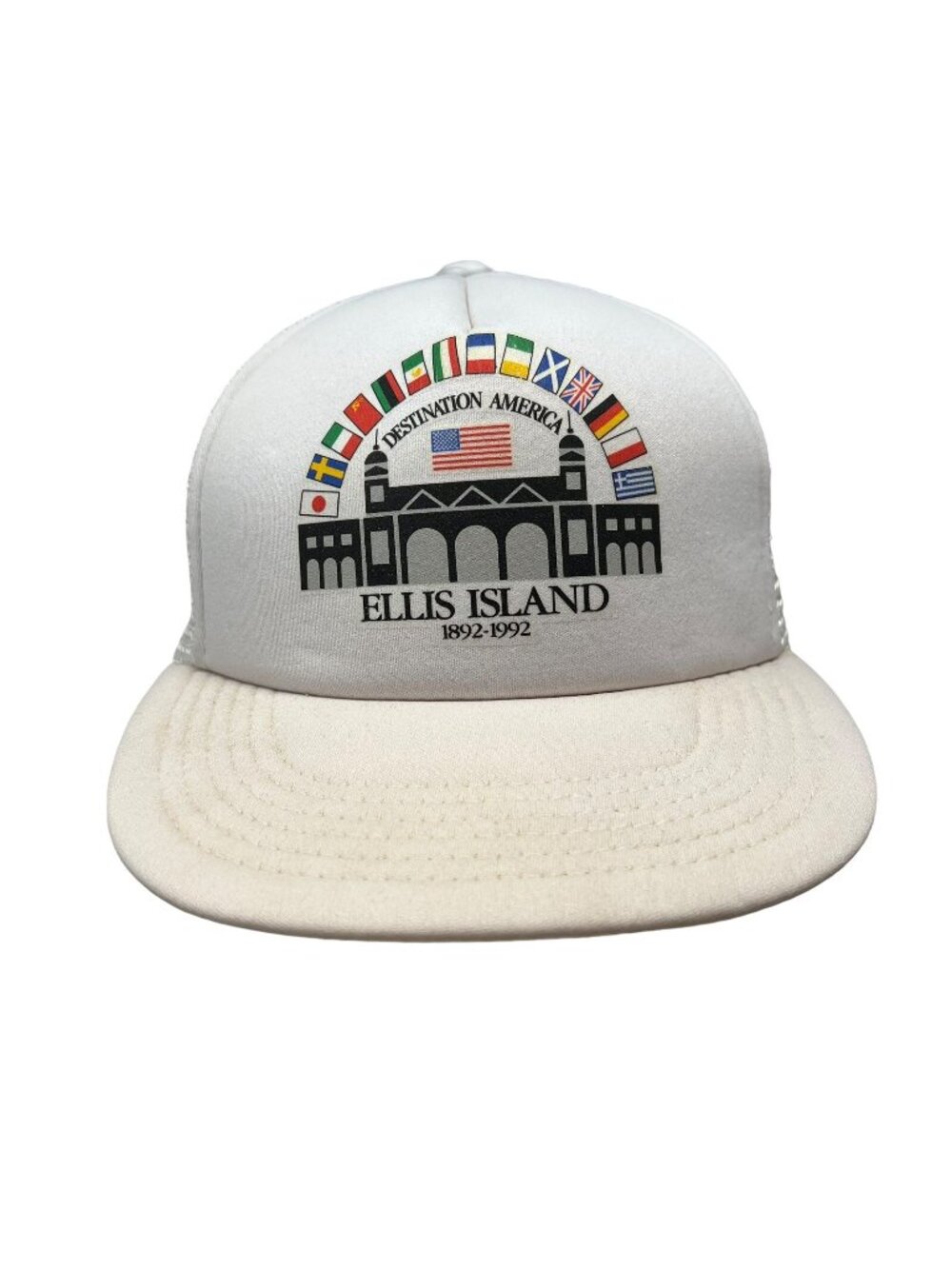 Ellis Island NYC New York Vintage Mesh Snapback Trucker Hat Cap 1992 90's Retro